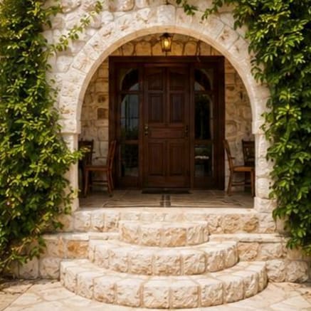 The hotel's stone-arched entrance door
