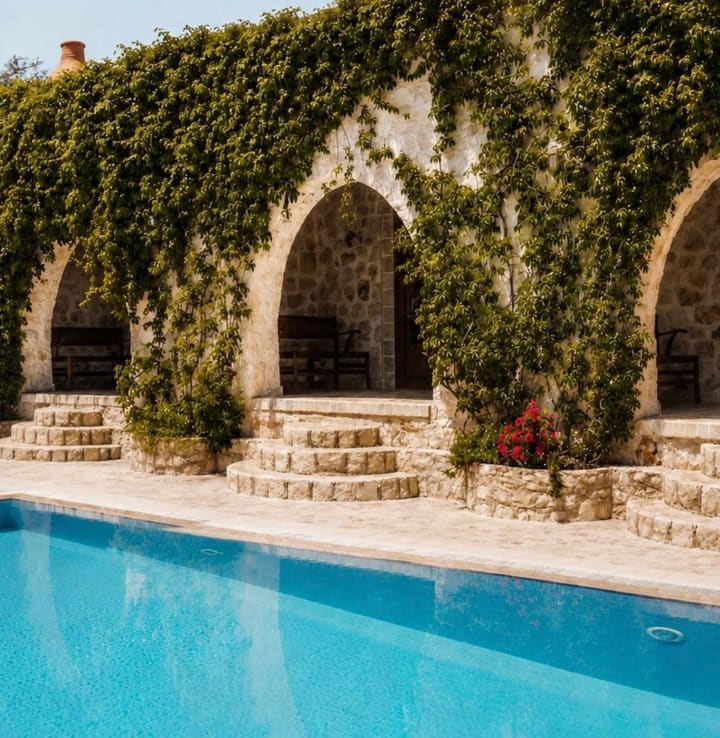 Stone archways beside the pool